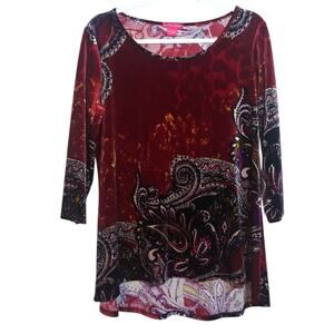 Sunny Leigh Velour Paisley Print Boho Burgundy 3/4 Sleeve Top Size L